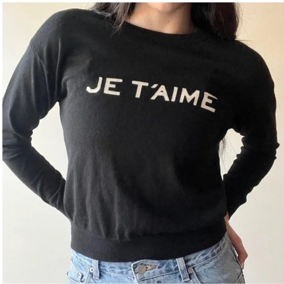 Zadig & Voltaire Black “Je T’aime” Merino Wool Crewneck Sweater Size Medium EUC! - Picture 2 of 11